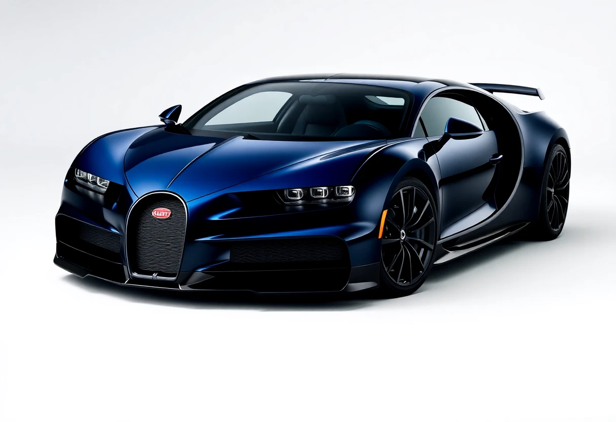 Bugatti Chiron, hypercar bleu foncé et noir, vue de trois-quarts avant